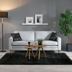 Ett modernt grått och beige vardagsrum med soffa, soffbord, matta och golvlampa. En grön växt ger liv åt rummet.