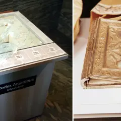 En skadad monter med texten "Codex Argenteus Silverbibeln" och en närbild av den vackra Silverbibeln.