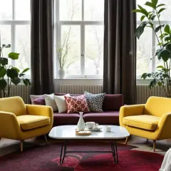 Gult och vinrött i en mysig 50-tals inredning med soffa, fåtöljer, kaffebord och stora gröna växter.