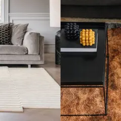 En ljus matta till grå soffa i vardagsrummet. Till höger en färgstark matta med en person som sitter på en soffa.