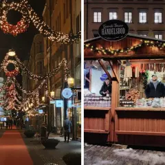 Jul i Stockholm: en gata med julbelysning och en marknadsbod med korv och godsaker.