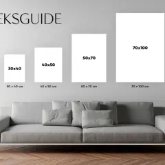 Storleksguide för tavlor: 21x30, 30x40, 40x50, 50x70 och 70x100 cm. En silhuett visar hur stor en 70x100 cm tavla är.