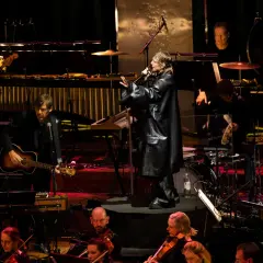 En artist sjunger på en scen under en adventskonsert i Stockholm, ackompanjerad av musiker med gitarr, fiol och keyboard.