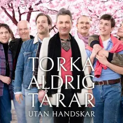 Sju män i en park med blommande körsbärsträd. Texten "Torka aldrig tårar utan handskar musikal" syns.