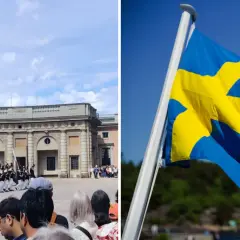 Vaktparad vid slottet i Stockholm på nationaldagen. Svenska flaggan vajar stolt i vinden.