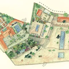 Akvarellkarta över Carl Milles Gård med trädgårdar, dammar, byggnader som galleri och ateljé, samt terrasser.