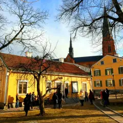 Gula hus med tegeltak och Uppsala domkyrka i bakgrunden. En grupp människor samlas utanför, kanske för ett besök på litteraturens hus Uppsala.