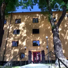 Östasiatiska museet i Stockholm, en gul byggnad med många fönster, omgiven av träd vars skuggor dansar på fasaden.