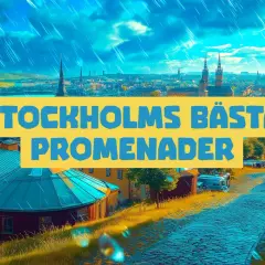 Stockholms bästa promenader avbildas med en vy över staden under en dramatisk himmel.