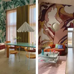 Två rum med djärv, exotisk inredning. Till vänster ett grönt marmormönstrat rum med turkos matbord. Till höger ett rum med abstrakt väggmålning och orange soffa.
