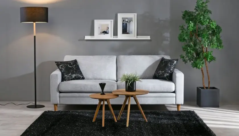 Ett modernt grått och beige vardagsrum med soffa, soffbord, matta och golvlampa. En grön växt ger liv åt rummet.