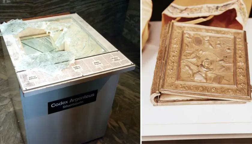 En skadad monter med texten "Codex Argenteus Silverbibeln" och en närbild av den vackra Silverbibeln.