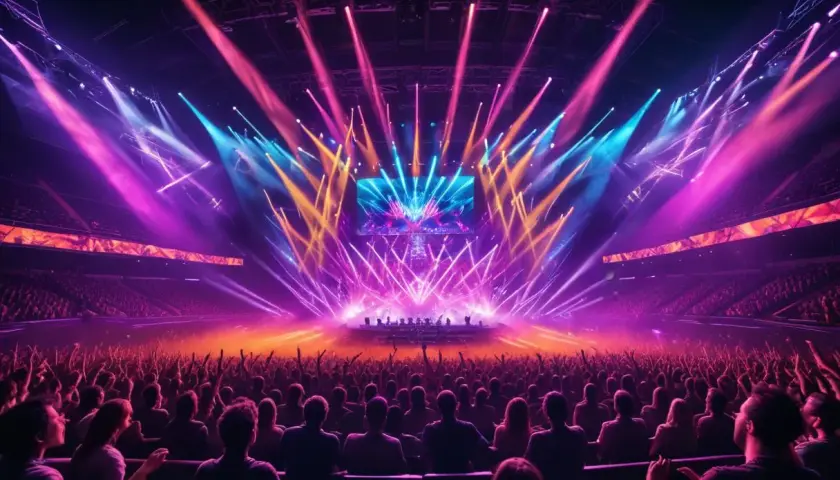 En mäktig konsert avicii arena med publiken i extas under ett hav av färgsprakande ljus.