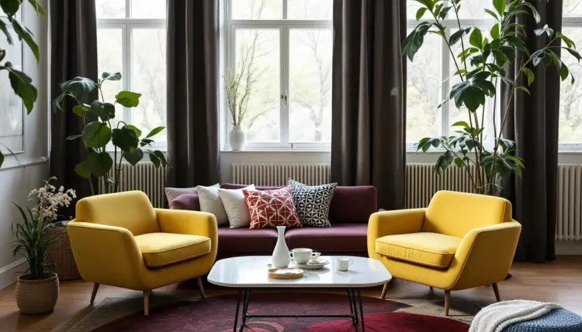 Gult och vinrött i en mysig 50-tals inredning med soffa, fåtöljer, kaffebord och stora gröna växter.