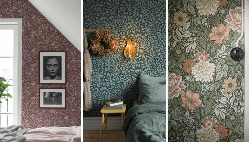 Titta på dessa vackra tapeter! Inspiration för ditt hem med blommor och blad i olika färger.