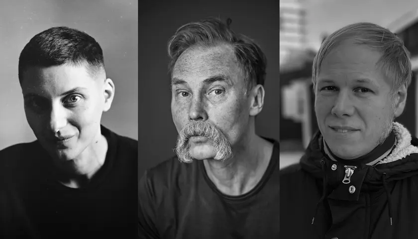 Tre porträtt i svartvitt. En person med kortklippt hår, en med mustasch och en med ljusblont hår. Alla tre ser ut att vara redo för spoken word.