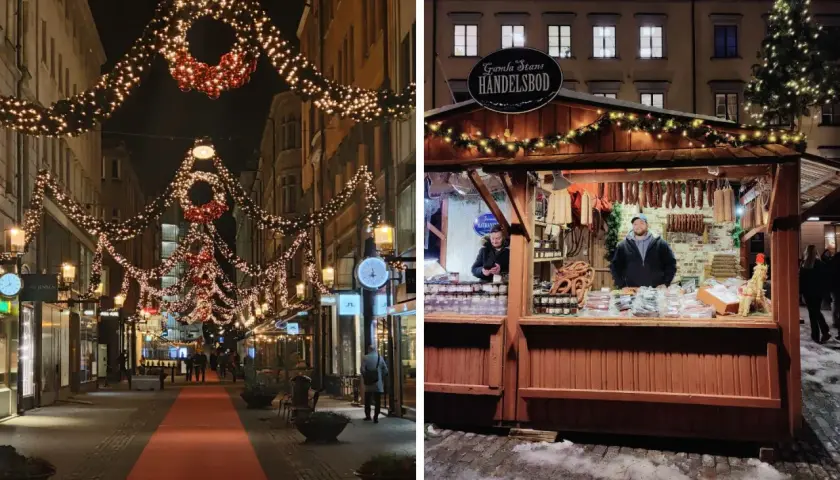 Jul i Stockholm: en gata med julbelysning och en marknadsbod med korv och godsaker.