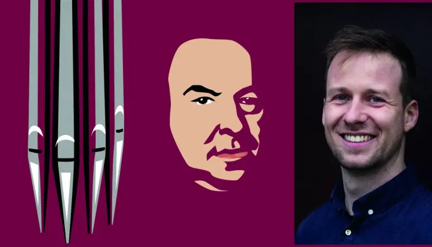 Illustration av orgelpipor, en stiliserad bild av Bach och en leende man. Storkyrkan musik.
