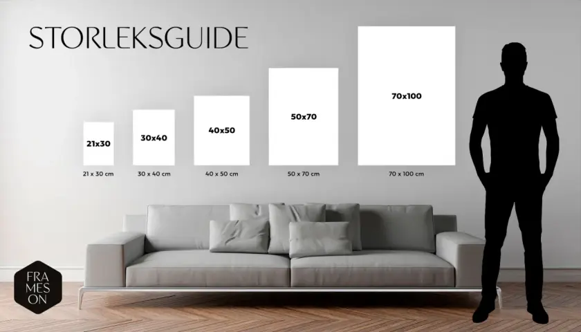 Storleksguide för tavlor: 21x30, 30x40, 40x50, 50x70 och 70x100 cm. En silhuett visar hur stor en 70x100 cm tavla är.