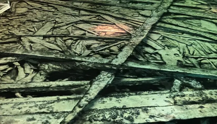 Detaljer från ett gammalt vrak i Stockholm, med träplankor och rester av skeppet som vittnar om dess historia.
