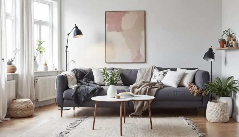 En grå soffa med kuddar och plädar i bohemisk stil. Ett runt soffbord med en vas och en matta med fransar.