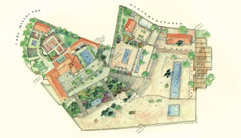 Akvarellkarta över Carl Milles Gård med trädgårdar, dammar, byggnader som galleri och ateljé, samt terrasser.