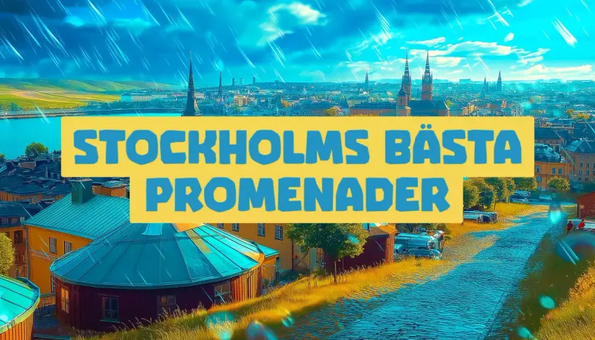 Stockholms bästa promenader avbildas med en vy över staden under en dramatisk himmel.