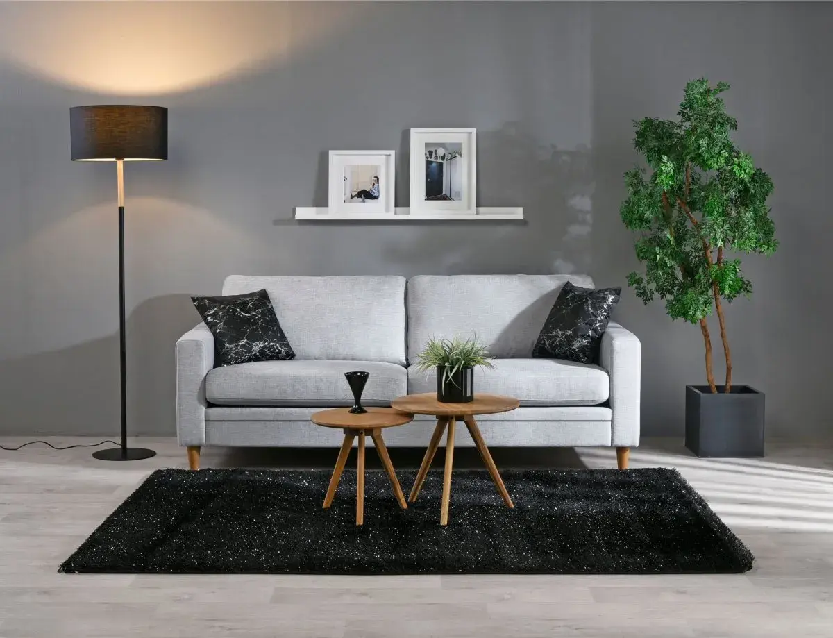 Ett modernt grått och beige vardagsrum med soffa, soffbord, matta och golvlampa. En grön växt ger liv åt rummet.