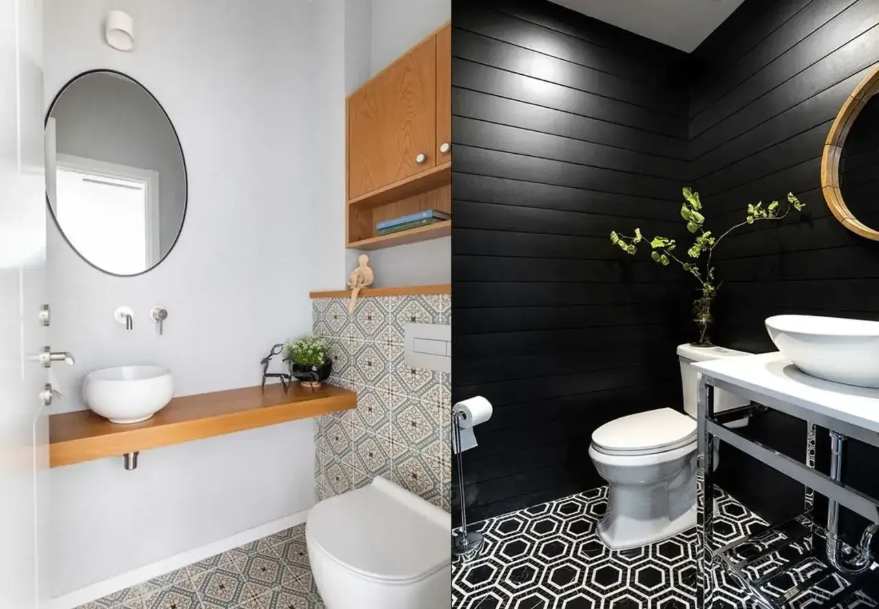 Två stilar för att inreda liten toalett: ljus med trädetaljer och mörk med svarta träpaneler och hexagonmönster på golvet.