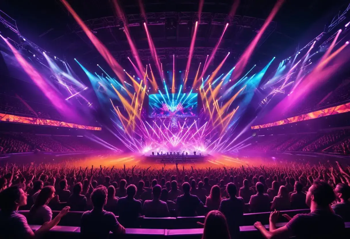 En mäktig konsert avicii arena med publiken i extas under ett hav av färgsprakande ljus.