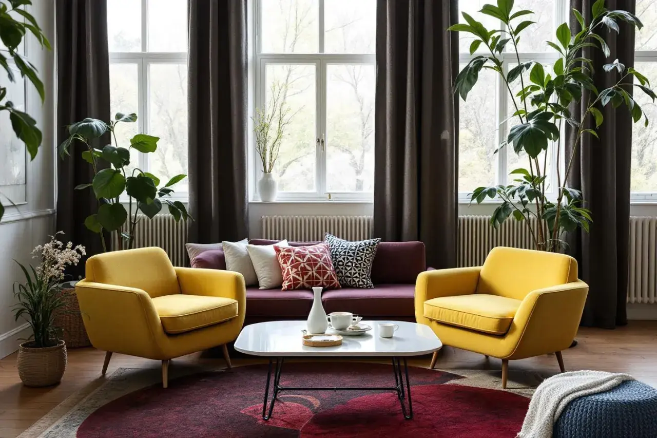 Gult och vinrött i en mysig 50-tals inredning med soffa, fåtöljer, kaffebord och stora gröna växter.