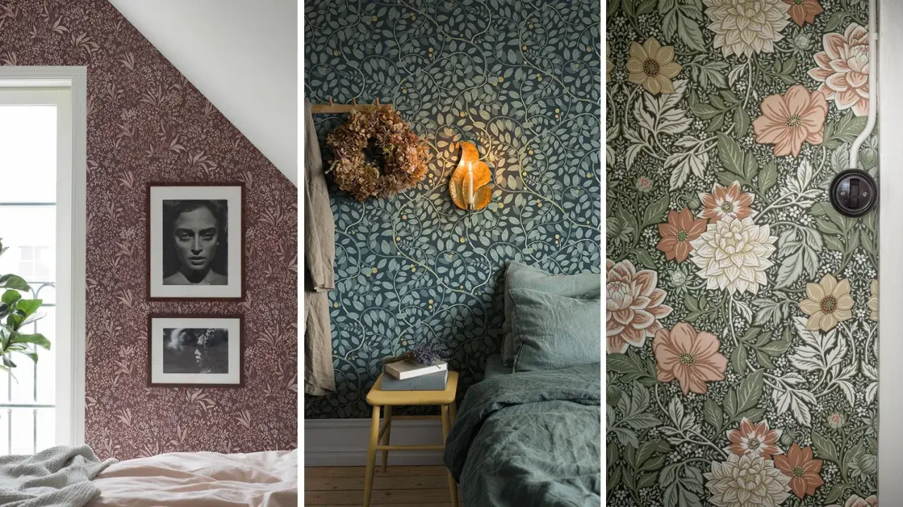 Titta på dessa vackra tapeter! Inspiration för ditt hem med blommor och blad i olika färger.