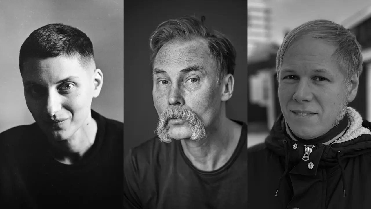 Tre porträtt i svartvitt. En person med kortklippt hår, en med mustasch och en med ljusblont hår. Alla tre ser ut att vara redo för spoken word.
