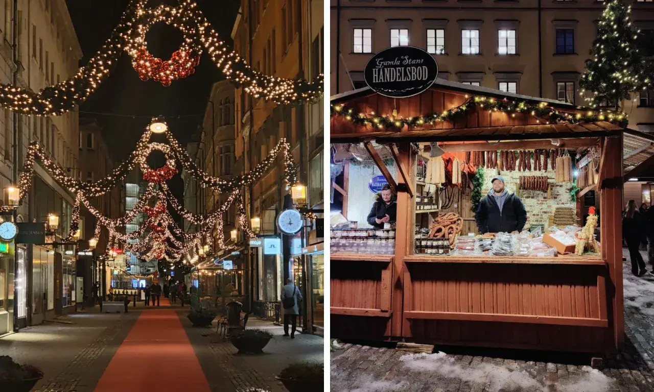 Jul i Stockholm: en gata med julbelysning och en marknadsbod med korv och godsaker.