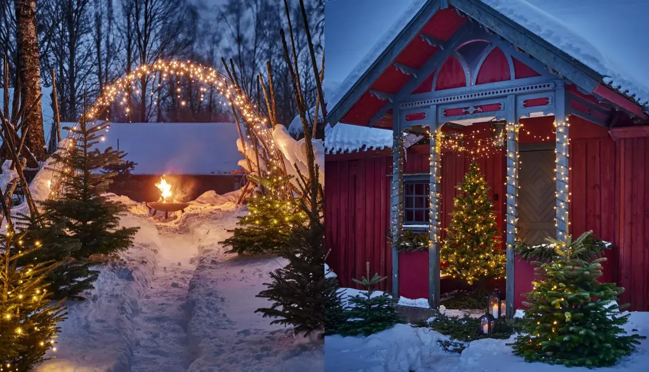Vintermagi med julpynta utomhus. Snöklädda granar och gnistrande ljusslingor skapar en mysig julstämning vid en röd stuga och en eldfat.