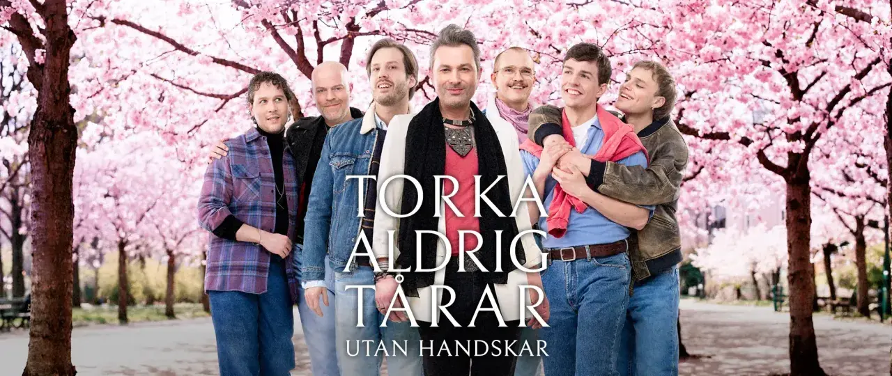 Sju män i en park med blommande körsbärsträd. Texten "Torka aldrig tårar utan handskar musikal" syns.