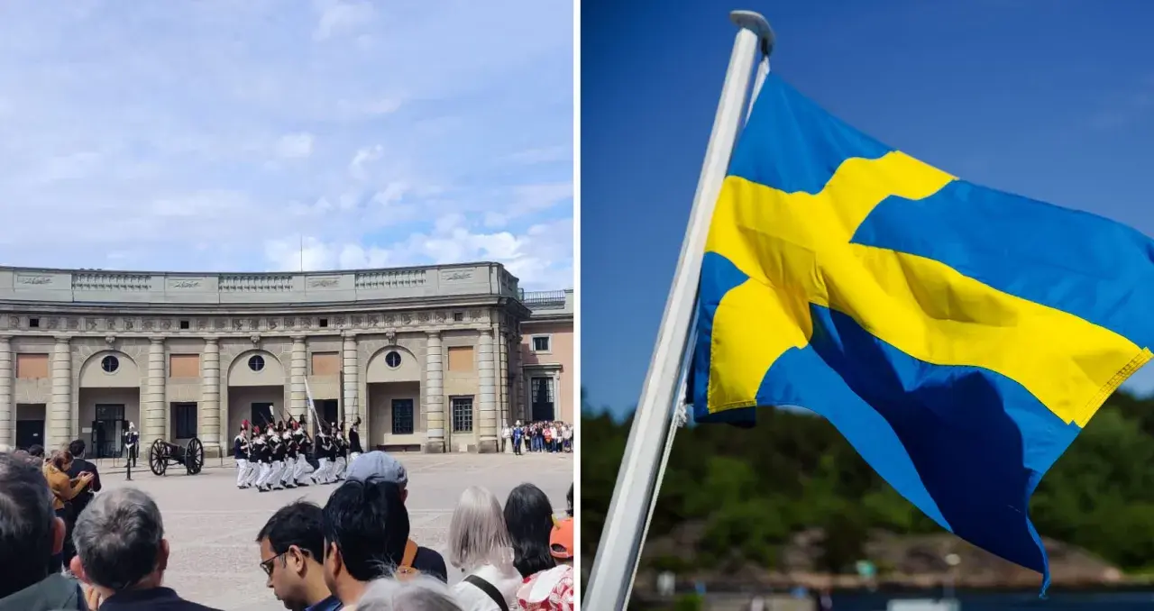 Vaktparad vid slottet i Stockholm på nationaldagen. Svenska flaggan vajar stolt i vinden.