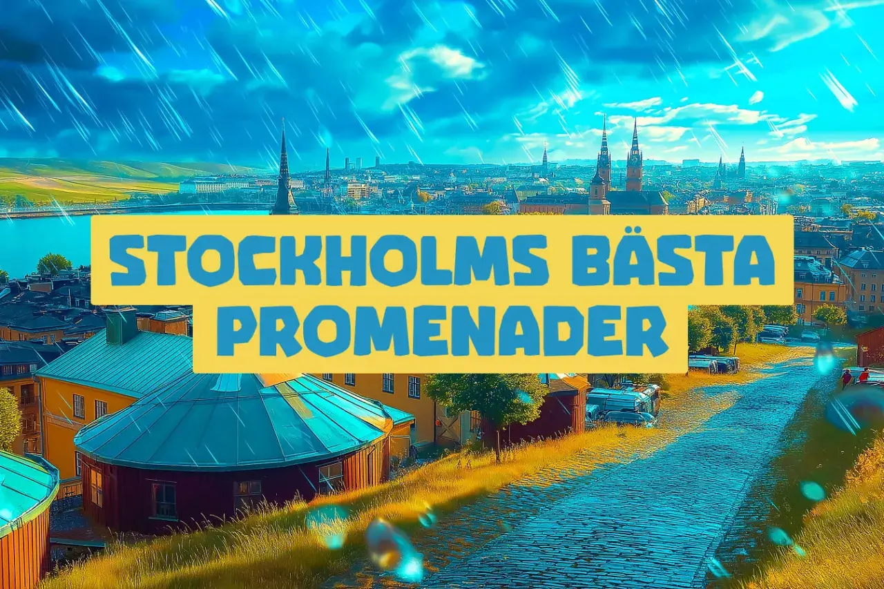 Stockholms bästa promenader avbildas med en vy över staden under en dramatisk himmel.