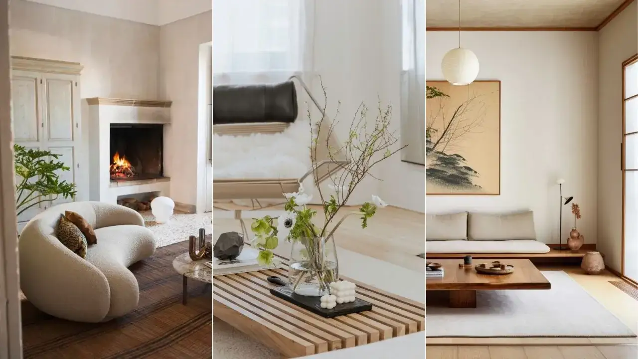 Tre scener som visar japandi inredning: en med öppen spis och mjuk soffa, en med blommor på soffbordet och en med låg soffa och tatamimatta.