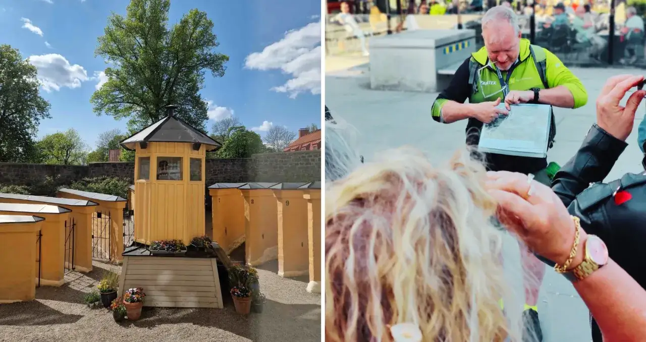 En guide pekar på en karta i Stockholm. Till vänster syns en gul vaktkur och flera små byggnader.