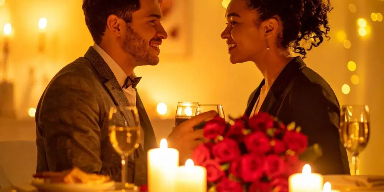 Ett par njuter av en romantisk date night i Stockholm, omgivna av levande ljus och en vacker bukett r&ouml;da rosor.