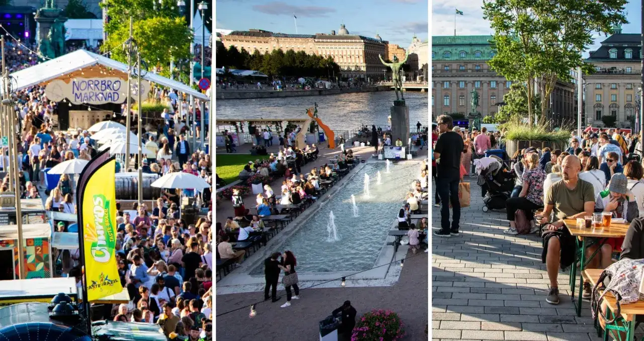 Folk njuter av sommaren och marknadsliv i Stockholm. En härlig dag att promenera i Stockholm och uppleva folklivet.