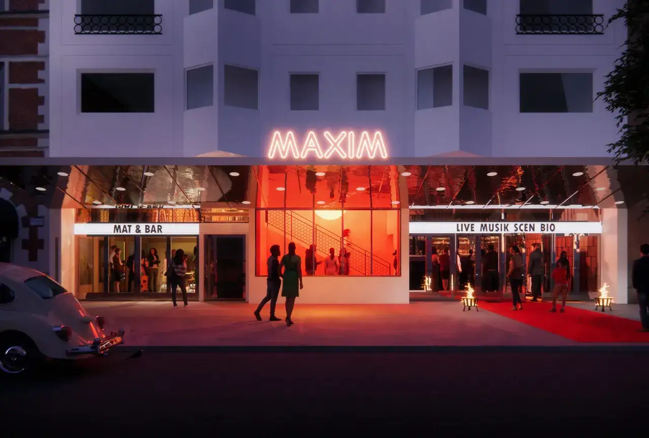 Maxim i Stockholm, en neonbelyst fasad med en röd matta och folk som minglar.