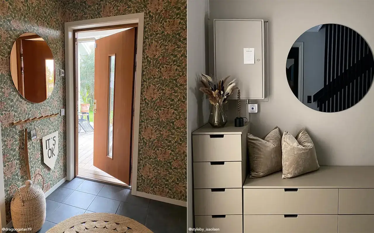 Inspirerande långsmal hall med blommig tapet, rund spegel och en mysig sittbänk med kuddar.