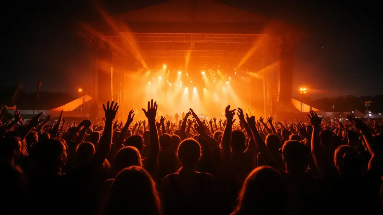 Publiken jublar under en jens hult konsert, med händerna i luften mot en scen badad i orange ljus.