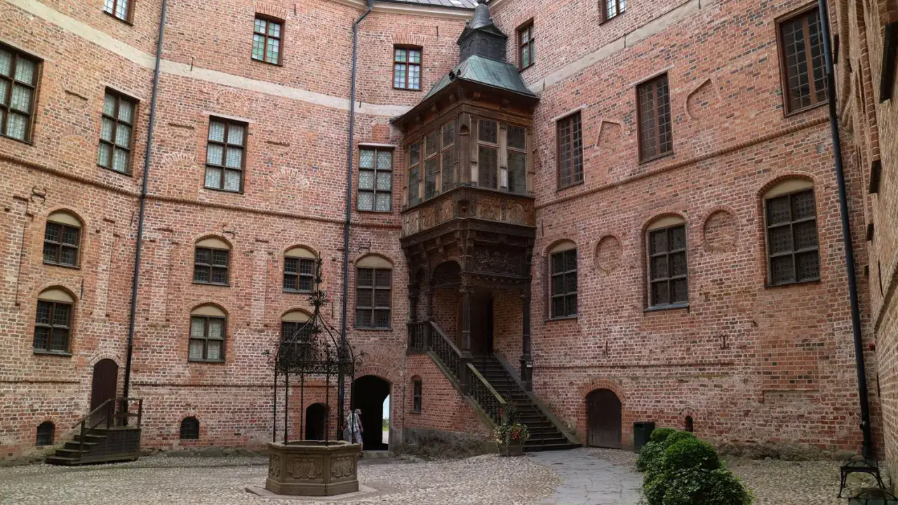Mariefreds slott med sin stenlagda borgg&aring;rd, brunn och vackra tr&auml;balkong.