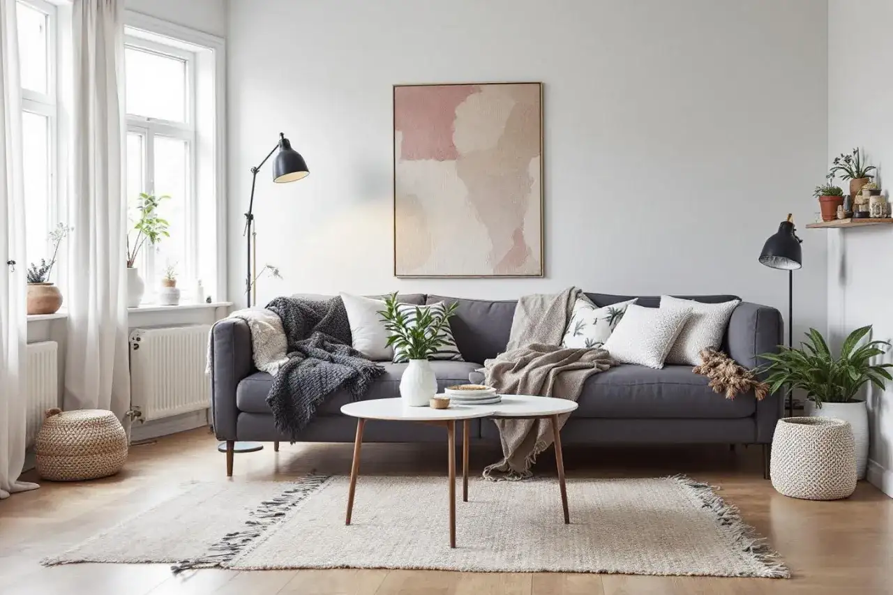 En grå soffa med kuddar och plädar i bohemisk stil. Ett runt soffbord med en vas och en matta med fransar.