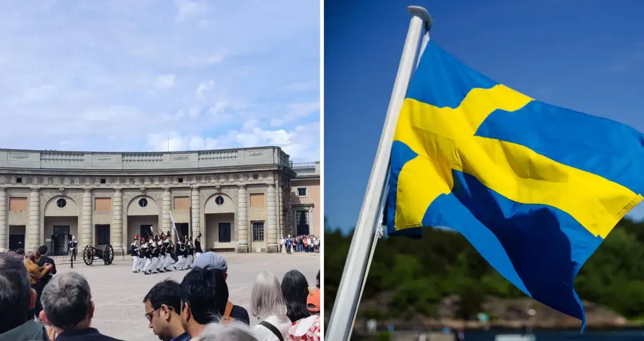 Vaktavlösning vid slottet i Stockholm, 6 juni. Svenska flaggan vajar stolt i sommarvinden.