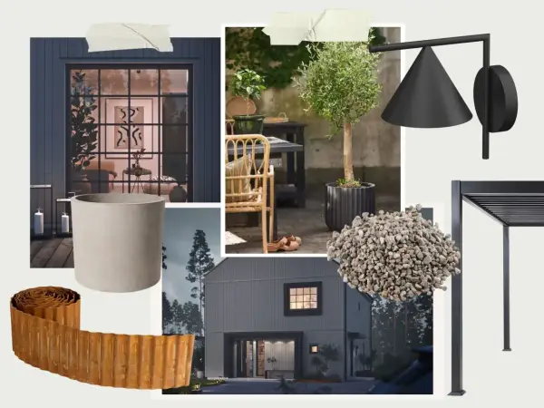 Inspirationsbild för utomhusmiljö med fokus på svenska designklassiker: krukor, belysning, pergolamaterial och en modern villa.
